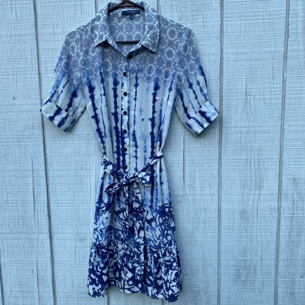 Peter Som Blue‎ Combo Tie Dye Shirt Dress Short Sleeve Casual Size 4